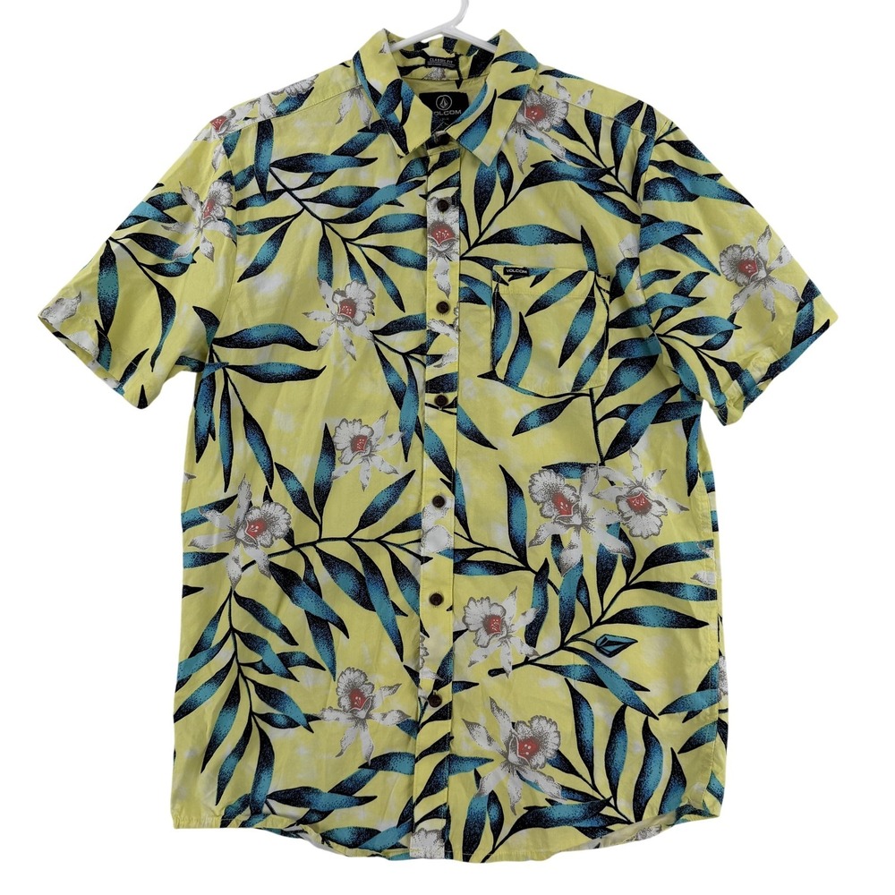 Volcom Shirt Mens Medium Yellow Floral Hawaiian Short Sleeve Button Up Casual